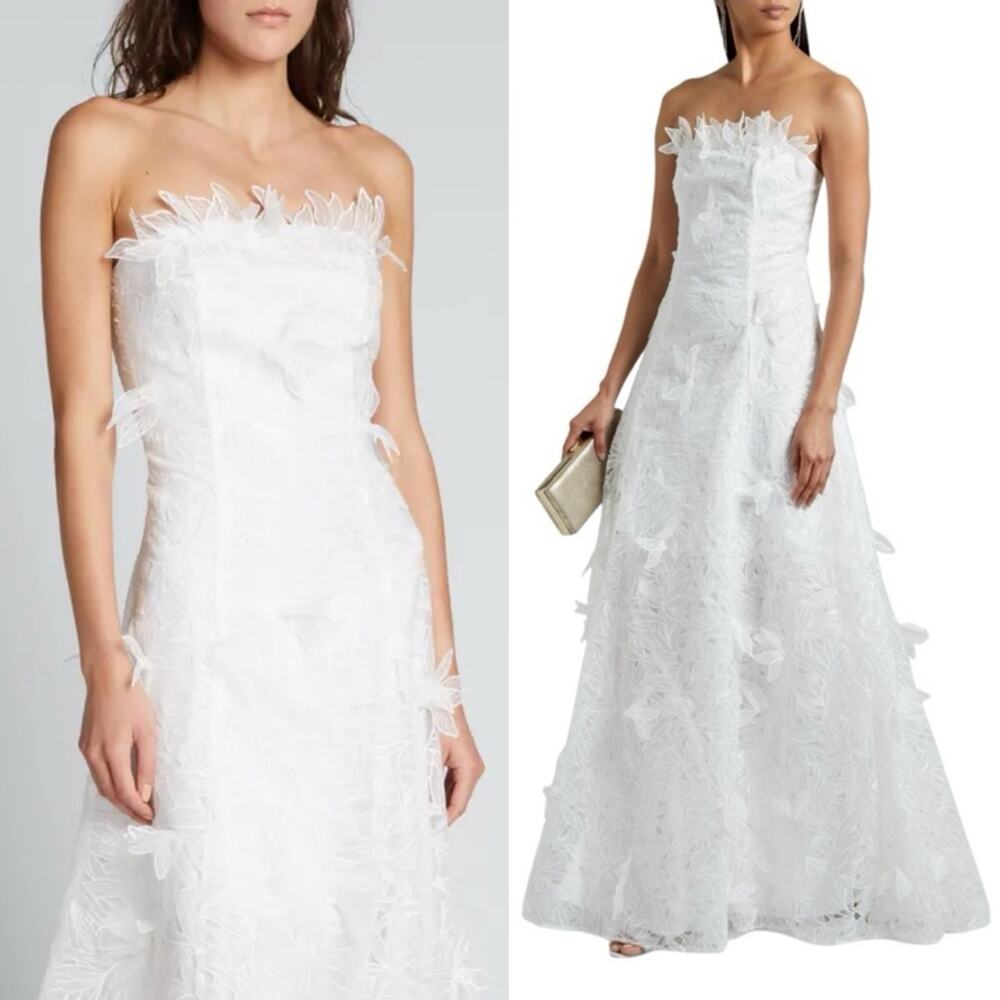 MARCHESA NOTTE 3D Applique Strapless Embroidered Organza Gown in Ivory